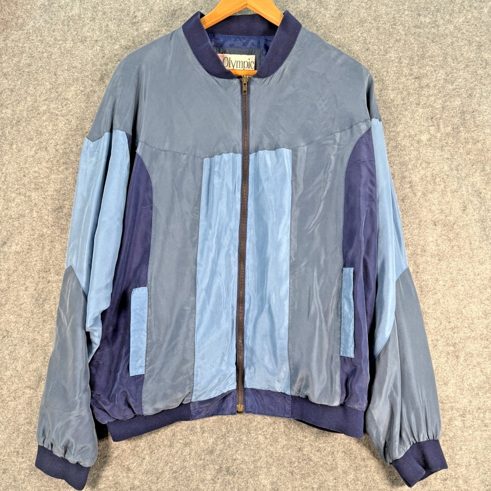 Vintage‎ Olympic Exposure Womens Jacket Large Blue Colorblock 100% Silk Full Zip